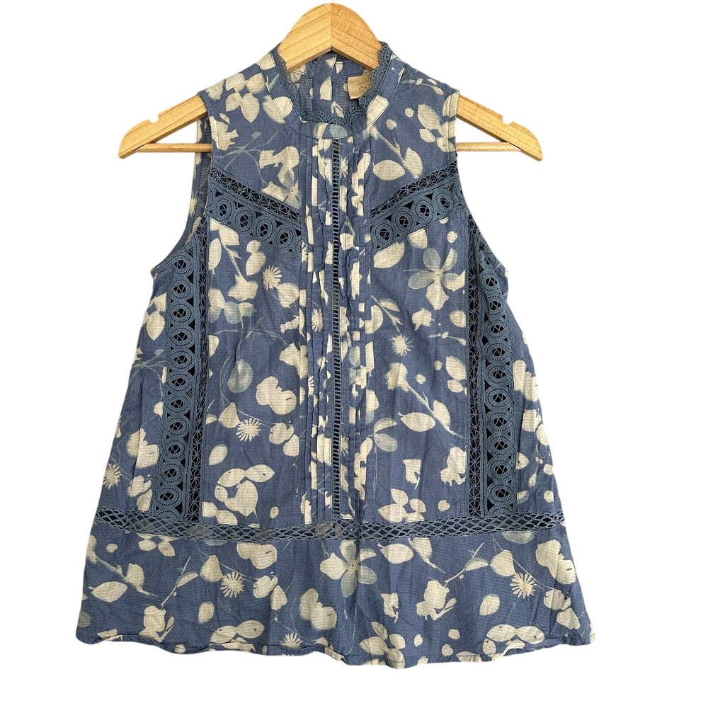 Vanessa Virginia Floral Sleeveless Blouse Women Size 0 Blue Lace Trim Boho Top